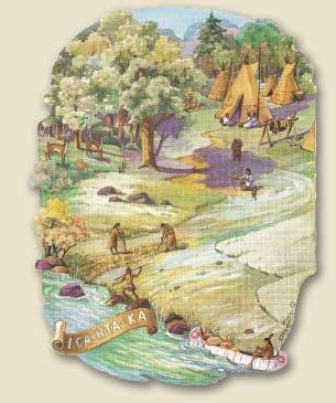 Panel 1 depicts an Indian village along the shore of a river.