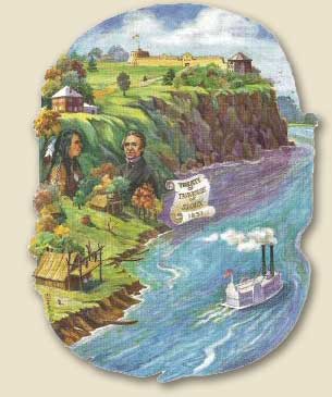 Panel 2 depicts pioneers, Indians, boat traffic and a fort located by a mighty river.